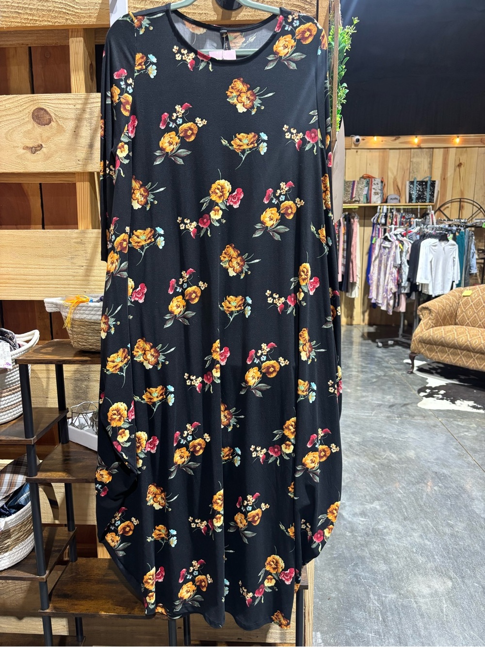 Black Floral Maxi Dress with Yellow & Pink Blooms